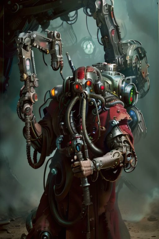 ((Meisterwerk,beste Qualität)), absurdesten, mechanische Arme, Roben, Haube, ((techpriest)), cyborg, mechanisches Gesicht, (TentacleHorrorAI), Mechanische Gliedmaßen, Gasmaske, rote Robe, 1andere, Allein, Gewehr halten,