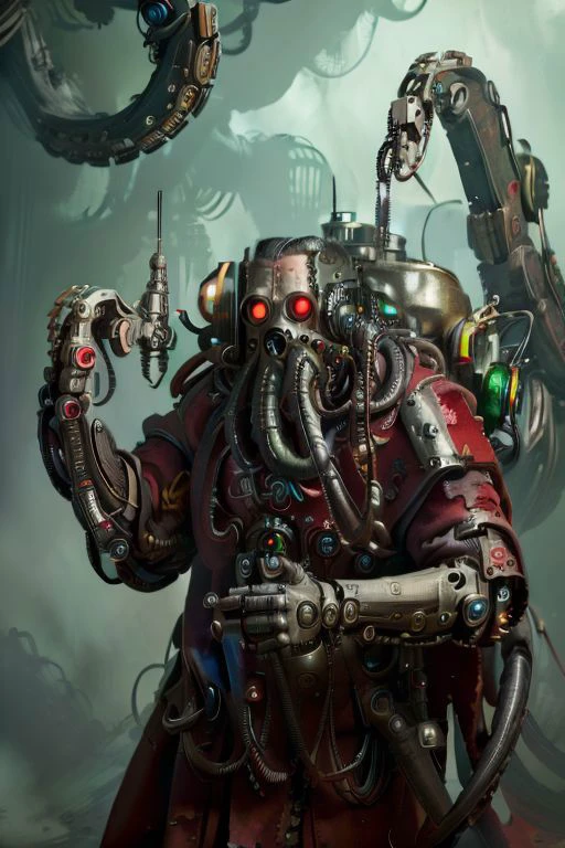 ((masterpiece,best quality)), absurdres, mechanical arms, robes, hood, ((techpriest)), cyborg, mechanical face, (tentaclehorrorai), mechanical limbs, gas mask, red robe, 1other, solo, holding rifle,