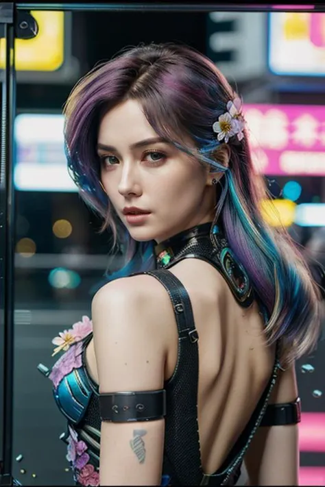 cyberpunk 2077,most  beautifull woman ever,dynamic angle,rainbow hair,detailed cute anime face,((loli)),flower,cry,water,corrugated,flowers tire,broken glass,(broken screen),atlantis,transparent glass,