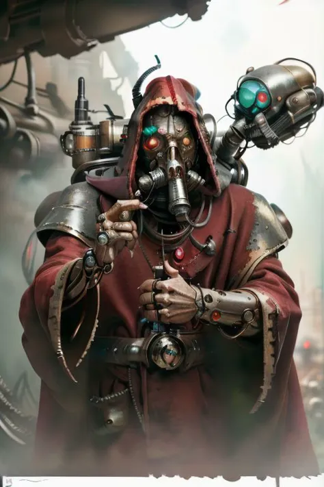 ((masterpiece,best quality)), absurdres, mechanical arms, robes, hood, ((techpriest)), cyborg, mechanical face, (demonmawai), mechanical limbs, gas mask, red robe, 1other, solo, holding rifle,