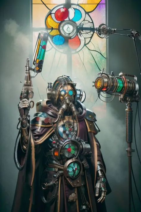 ((masterpiece,best quality)), absurdres, mechanical arms, robes, hood, ((techpriest)), cyborg, mechanical face, (stainedglassai), mechanical limbs, gas mask, black robe, 1other, solo, holding rifle,