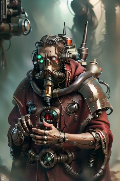 ((masterpiece,best quality)), absurdres, mechanical arms, robes, hood, ((techpriest)), cyborg, mechanical face, (demonmawai), mechanical limbs, gas mask, red robe, 1other, solo, holding rifle,