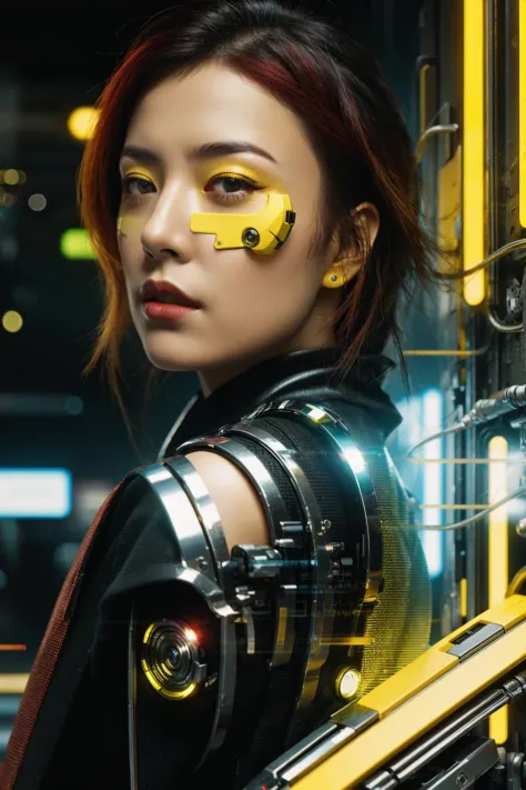 cyberpunk, yellow,chrome red,from_side,phone_screen,