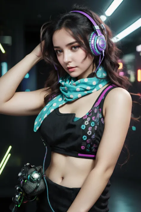 cyberpunk,tank_top,fishnets,headphones_around_neck,polka_dot_scarf,makeup flower,wavy hair,Hands on waist,diamond shaped pupils,