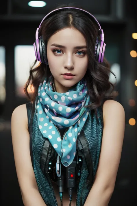 cyberpunk,tank_top,fishnets,headphones_around_neck,polka_dot_scarf,makeup flower,wavy hair,,diamond shaped pupils,