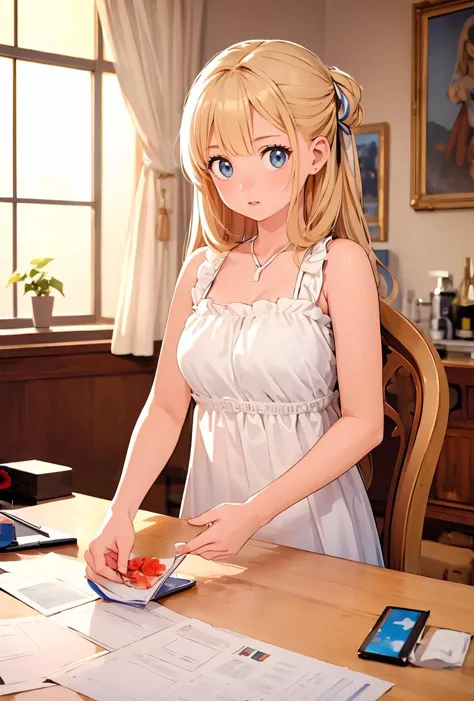 anime girl in white dress sitting at a table with papers and a cell phone