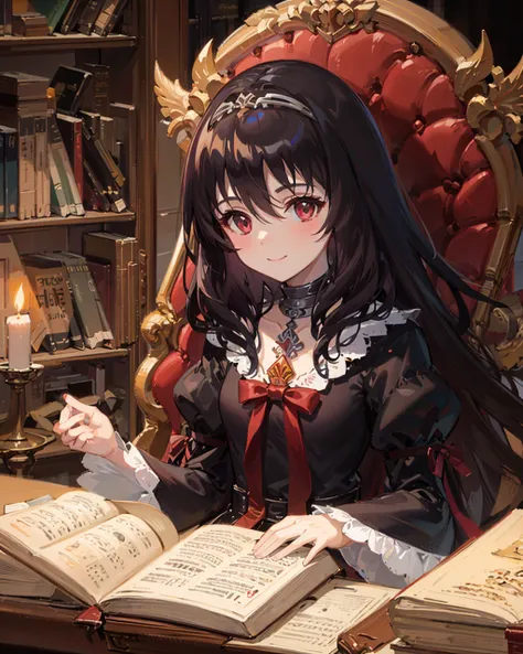 1girl,dalian, black_hair,black dress,sitting, <lora:daliananimev1:0.9>,library, book,candle,light smile,