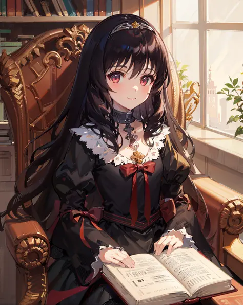 1girl,dalian, black_hair,flat chest,black dress,sitting, <lora:daliananimev1:0.9>,library, book,light smile, dantalian no shoka,