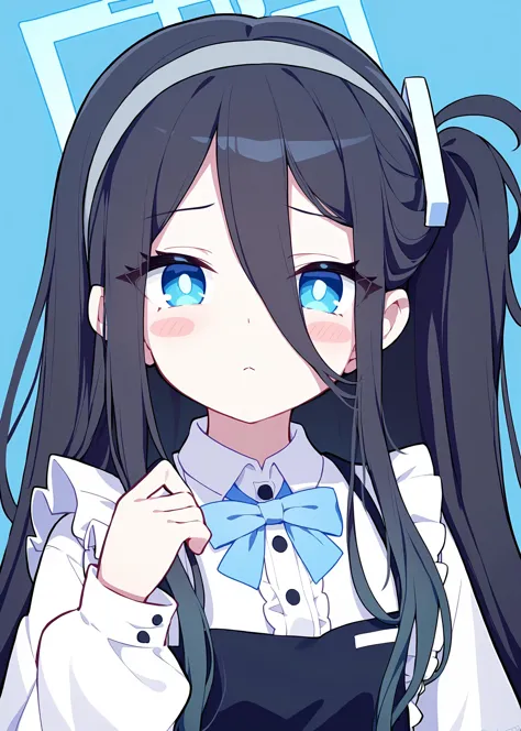 1girl,
aris \(blue archive\), blue archive,
rurudo,quan \(kurisu tina\), ogipote,
blue ribbon, borrowepulleft (project sekai), halo, square halo, aqua halo, bright pupils, makeup, blue hair, maid apron, upper body, looking at viewer, v-shaped eyebrows, bowtie, one side up, black dress, white dress, borrowed hairstyle, blue apron, borrow (blue archive) (cosplay), sleeve cuffs, hairband, sidelocks, apron, hair ribbon, hair between eyes, closed mouth, white pupils, cosplay, blue eyeliner, white bow, cinnamiku hairstyle, dress, puffy long sleeves, long sleeves, puffy sleeves, aqua background, eyeliner, frilled apron, long hair, blush stickers, simple background, dark blue hair, alternate hairstyle, hand up, solo, frills, aqua eyes, ribbon, bow, grey hairband, collared dress, white bowtie,
masterpiece, newest, absurdres, safe