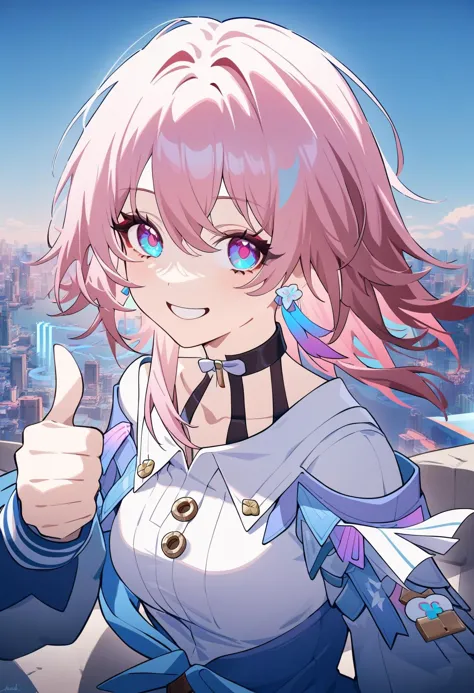 1girl, march 7th \(honkai: star rail\), honkai: star rail, thumbs up, black choker, blue eyes, blue jacket, breasts, choker, earrings, hair between eyes, jacket, jewelry, long sleeves, medium hair, multicolored hair, pink eyes, pink hair, solo, white shirt, city, wind, blue eyes, blue hair, looking at viewer, outdoors, smile, upper body, masterpiece, newest, absurdres, safe