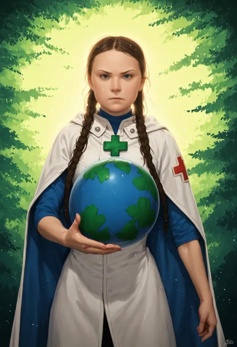 a woman in a cape holding a globe in her hands