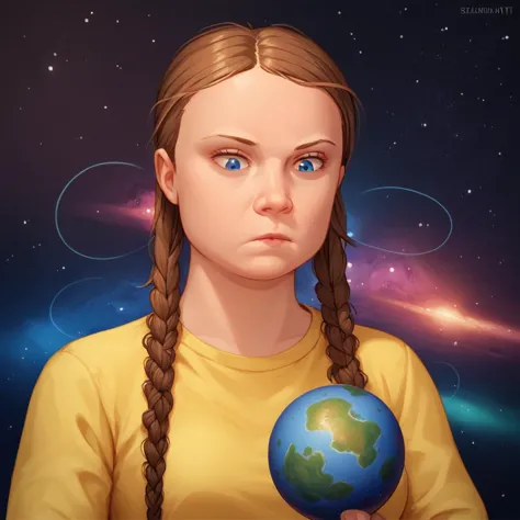 score_9, score_8_up, score_7_up, BREAK, source_cartoon,1girl, solo, Greta,   twin braids, brown hair, blue eyes,   <lora:GretaT_Leaf1:1>, yellow shirt,   holding planet earth, cosmic, giantess, space, expressionless,