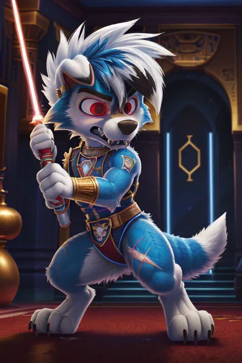 A male Blue dusk Lycanroc, quadruped, feral, 4 legs, blue fur, blue body, blue skin, shiny Lycanroc, pawstyle, paw patrol, very long and large fluffy tail, tail up, very furry and fluffy, hair over eyes, showing theets, sharp teeth, very large fangs, Sabertooth fangs, side view, green and red eyes, shiny eyes, Pixar eyes, glowing eyes, angry face expression, snarling, he is about to fight, standing, spread legs, brave pose, very brave male, valiant pose, he is very aggressive, he is about to fight, figther stance, some bloody scars on his body, some muscles, perfect ligthing, on an egyptian room, sharp teeth, large claws, egyptian gold jewellery, wearing egyptian warrior gold armor, wearing silver earrings, a light saber, dimwitdog, thesecretcave, cooliehigh, iskra, meesh, zaush, pixelsketcher, avante92,