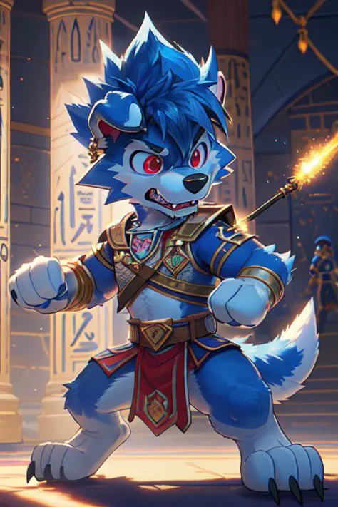 a blue and white cat with a sword in front of a building