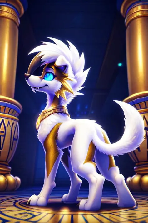 a white and gold dog standing in front of a large golden column