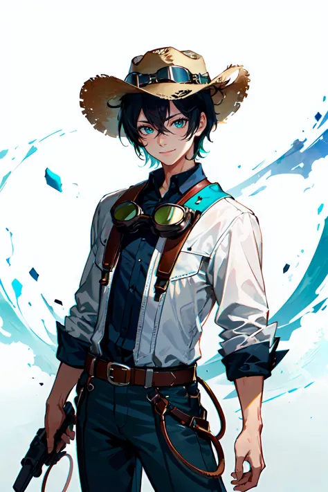 anime guy with a hat and glasses holding a gun