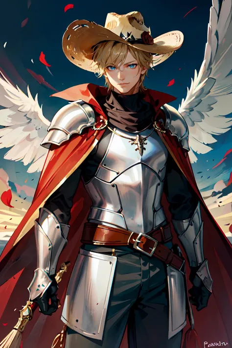 <lora:CowboyCh:0.8> CowboyCh, 1man, cowboy hat, red theme,, ultra detailed, masterpiece, best quality, aesthetic, detailed,, solo, smile, 1boy, blue eyes, medium blonde hair, parted bangs, hair intakes, male focus, muscular male,, armor, pauldrons, cuirass, gauntlets, waist cape, greaves, black bodysuit, surcoat, shoulder sash, wing shoulder armor, cape, pants,