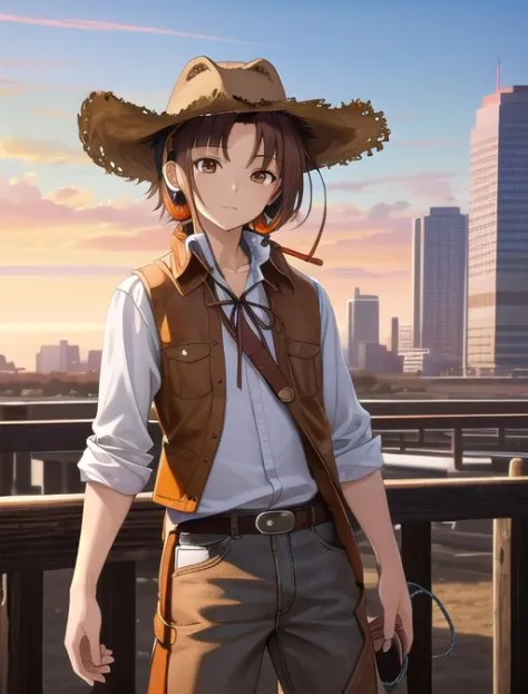 a woman in a cowboy hat and vest standing on a bridge