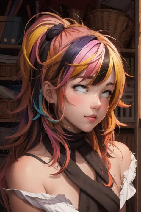 portrait, (masterpiece:1.1), (highest quality:1.1), (HDR:1.0), girl with really wild hair, multicolored hairlighting, (from front:0.6) <lora:rolling eyes:1>