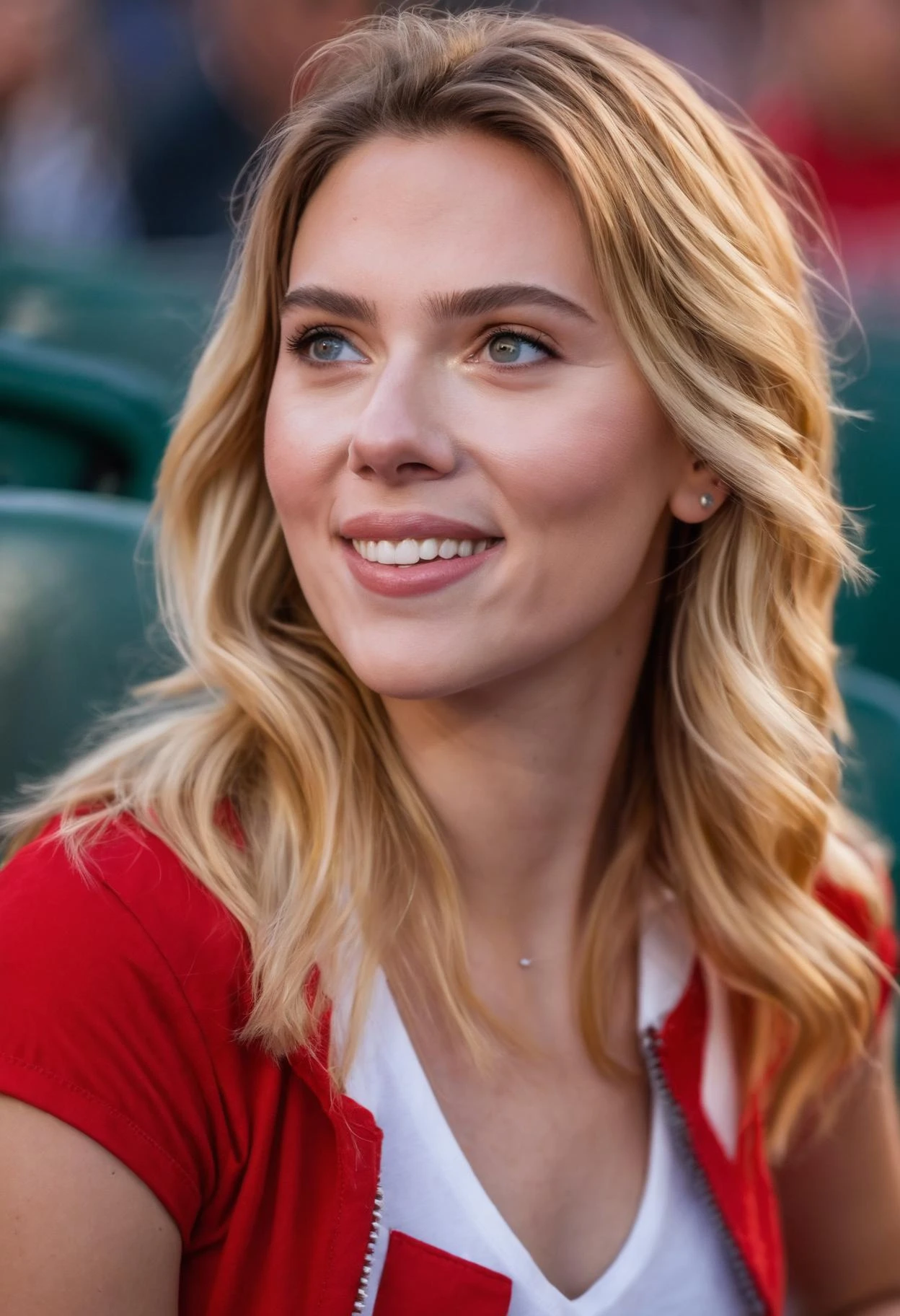 fotografia profissional em close-up do rosto de uma linda  ((ah, mulher)) no estádio de beisebol durante Crepúsculo, Nikon Z9