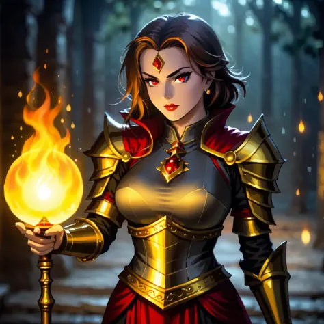 a woman in armor holding a glowing ball in her hand