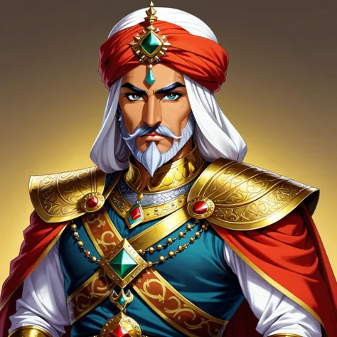 a man in a red turban and gold outfit holding a sword