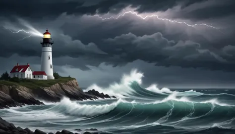 A stormy sea with towering waves, a lighthouse standing resilient on the shore, lightning illuminating the dark sky, and the roar of the ocean.

