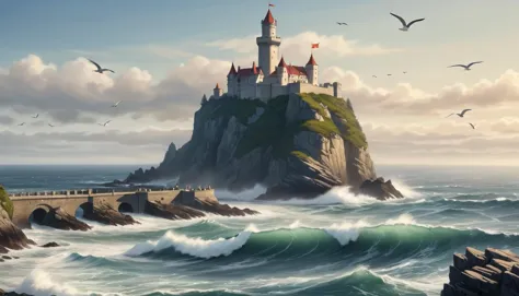 Majestic castle on a cliff overlooking the sea, waves crashing against the rocky shore, a flag waving atop the highest tower, and seagulls circling in the sky above.

