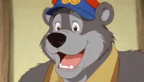 a close up of a cartoon bear wearing a hat and smiling