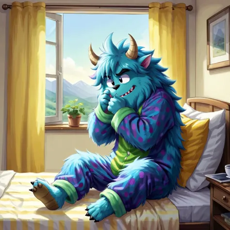 a close up of a cartoon monster sitting on a bed