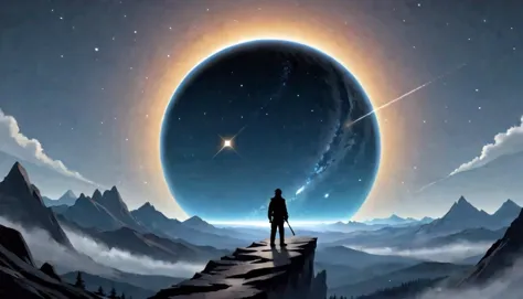 a man standing on top of a mountain looking at a planet