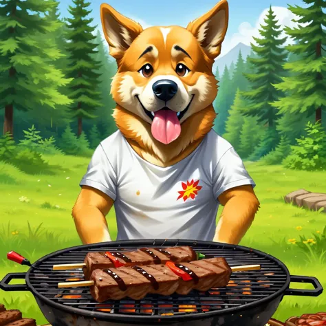 dog grilling kebab, dirty shirt, thick fur, nature