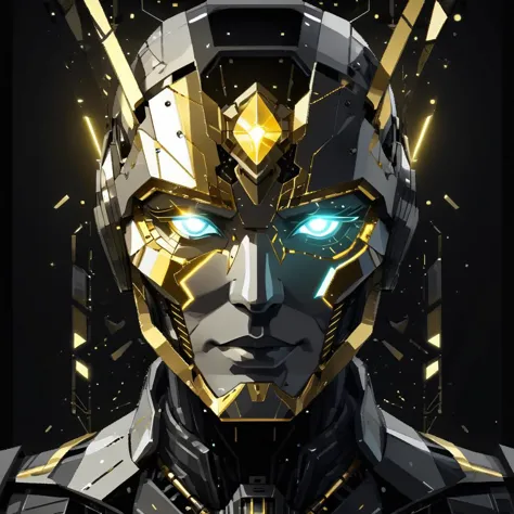 Vrubel style, Extra detailed, sci-fi mechanical face, The light shines in the darkness, and the darkness has not overcome it, soft shadow, minimalistic design, bold lines, parallax designs mixture of white color with small details in both black and gold, broken glass effect