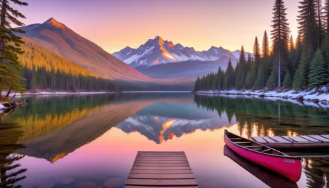 Serene mountain landscape, sunset, crystal-clear lake foreground, sky reflection, vibrant colors: oranges, pinks, purples. Snow-capped peaks, background. Dense pine forest, mountain base. Wooden dock extends into lake, near shore. Single canoe tied to dock, water bobbing. Warm glow over scene.





