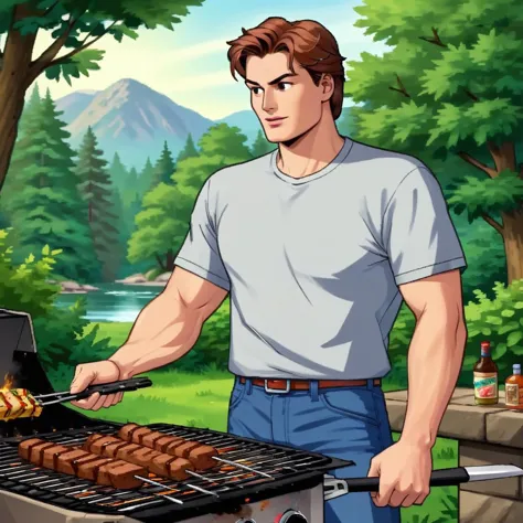 cartoon peter parker grilling kebab, dirty shirt, nature