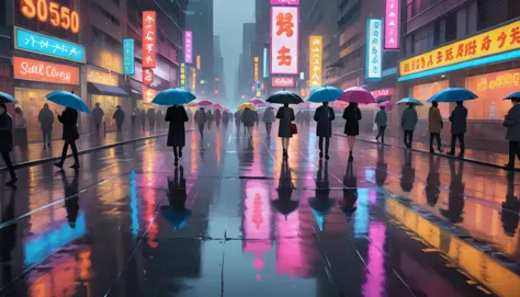 people walking down a city street with umbrellas in the rain