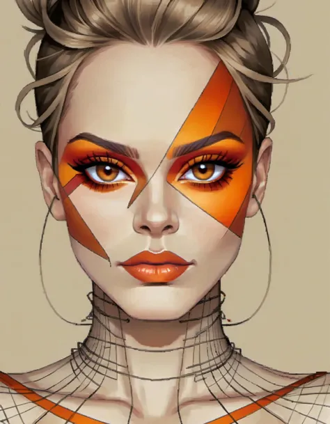 a drawing of a woman's face with a red eyeshadow, in the style of bold colorful lines, dark beige and orange, made of wire, flawless line work, captivating portraits, raw and edgy