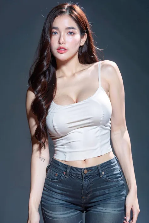 1girl, long hair, white camisole, jeans, (isolated on dark-grey background:1.2), dynamic pose, (soft lighting:1.2), shot on Canon EOS 5D, <lora:bifernV1-000014:0.85>, best quality, ultra high res, (photorealistic:1.4), masterpiece, real life skin, hyper re...