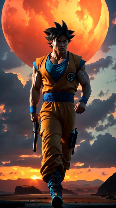 .Photorealistic rendering of Son Goku in his iconic outfit, (detailed muscle definition:1.2), high-quality CG art by ArtStation's top artists, (post-apocalyptic setting), (dramatic orange sky), (attention to lighting:1.3), (hyper-realistic rendering:1.2), great attention to detailing hair and props, inspired by the works of James Cameron and Akira Toriyama, artfully composed with a focus on character's strength, trending on social media and CG communities