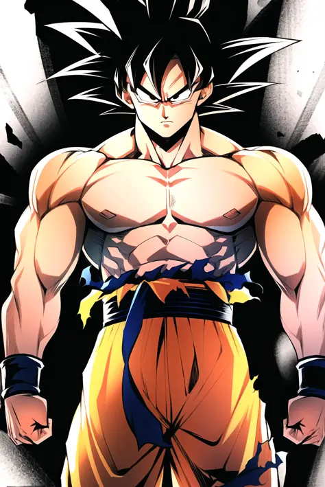 son goku, 1boy, closed mouth, male focus, muscular, muscular male, rock, sash, serious, solo, spiked hair, topless male, torn clothes, ultra instinct, black eyes, black hair, ((masterpiece)) <lora:son_goku_offset:1>