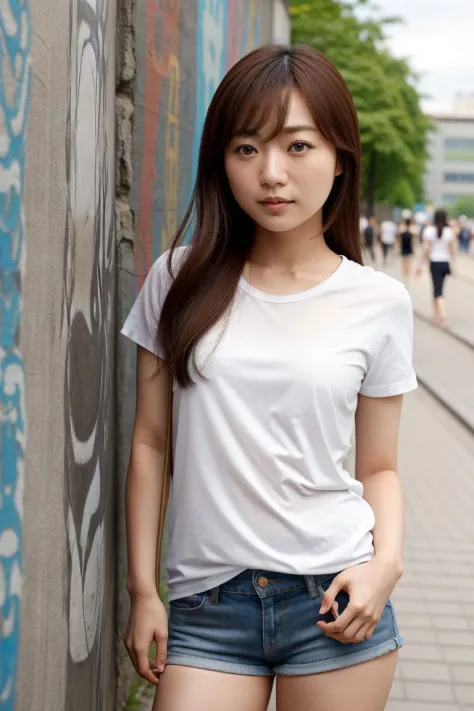 Voll_Körper, Stehen, sandals, T-Shirt, kurze Hose, (berlin wall), (Mayumi_Yamanaka: 1.1), perfektes Gesicht, (Kontakt Iris: 1.1), blasse Haut, Hautporen , Tiefenschärfe