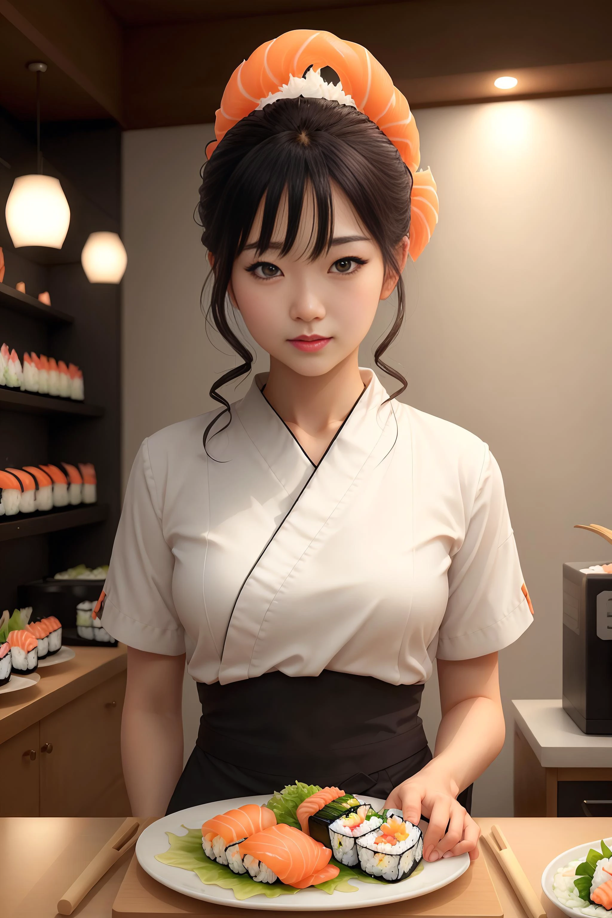 ホイップクリームを持つ寿司スタイルの女性トップスタイル