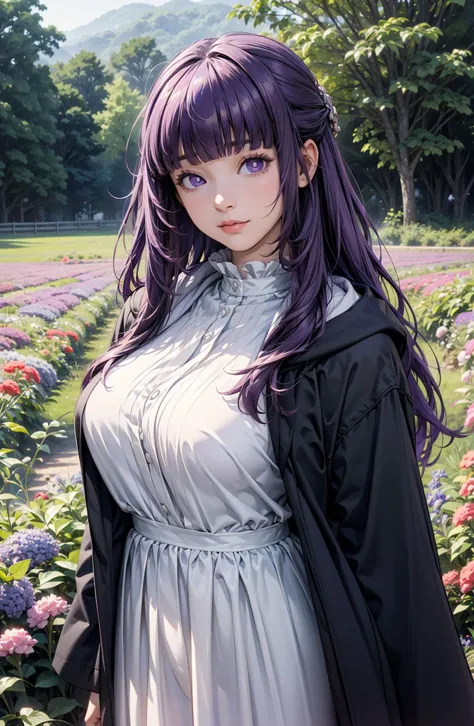 anime girl with purple hair and long purple hair in a field of flowers