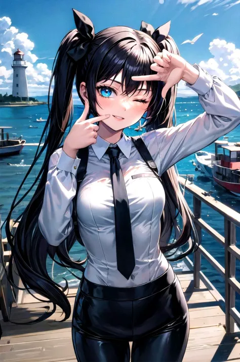 (masterpiece, best quality, detailed), 1girl, solo, looking at viewer, EPfsnRin, black hair, very long hair, twintails, two side up, bow,
pant suit, suit, formal, black suit, black pants, necktie, white shirt, sunglasses, pier, dock, boat, harbor, water, lighthouse, seagull, finger frame, smile, parted lips, one eye closed\