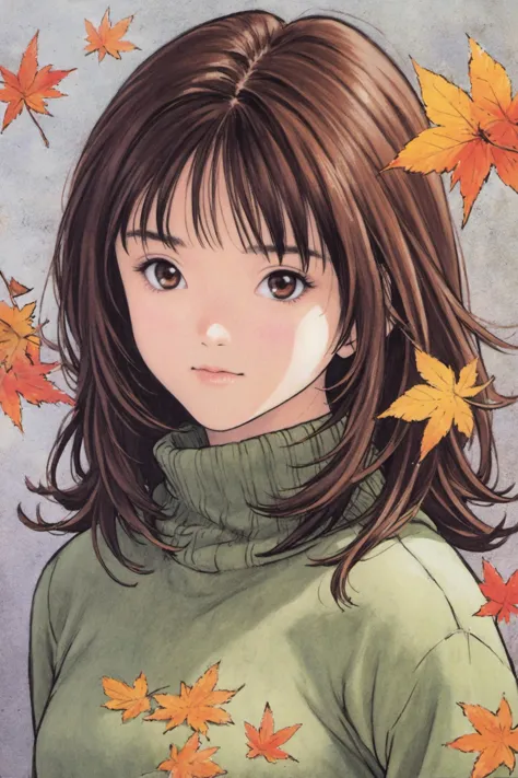 a girl with long brown hair and green turtle neck sweater surrounded by leaves