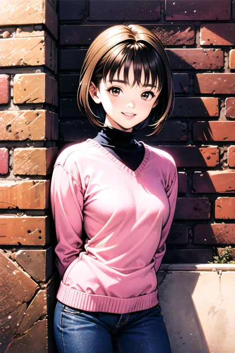 anime girl in pink sweater leaning against brick wall with black collar