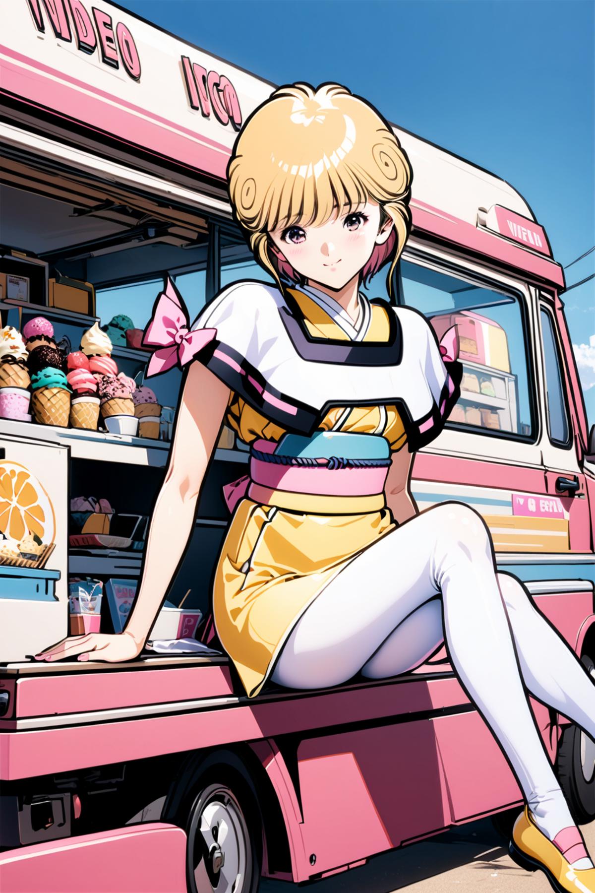 Anime girl sitting on a pink truck with a pink ice cream truck in the  background - SeaArt AI