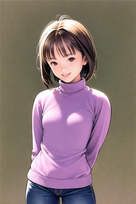 a close up of a person wearing a purple sweater and jeans