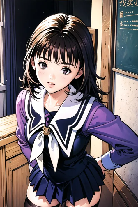 Yoshizuki iori, 1girl, solo, brown hair, brown eyes, zettai ryouiki, lips, school uniform purple shirt blue skirt white neckerch...