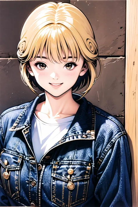 Ai Amano, 1girl, solo, blonde hair, smile, brown eyes,short hair, jacket, looking at viewer, shirt, upper body, parted lips, denim, bangs,  <lora:Katsura Masakazu_v3:0.9>